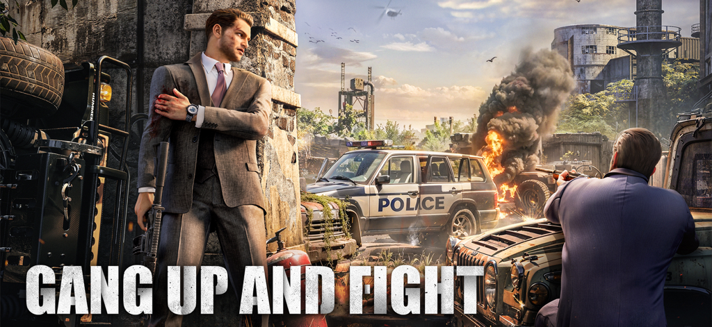 Un hombre trajeado sosteniendo un rifle durante un tiroteo urbano con un coche de policía explotando y el texto "Agrupate y Lucha"