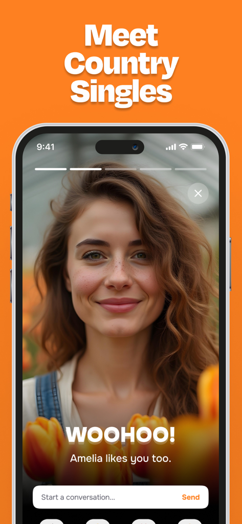 Farmers Match Dating App - Farmers Match app interface showing a profile match notification with the text Amelia likes you too