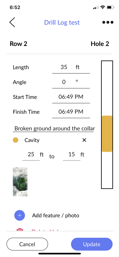 Digital drill log entry screen in Strayos Fielder showing hole length angle and cavity data
