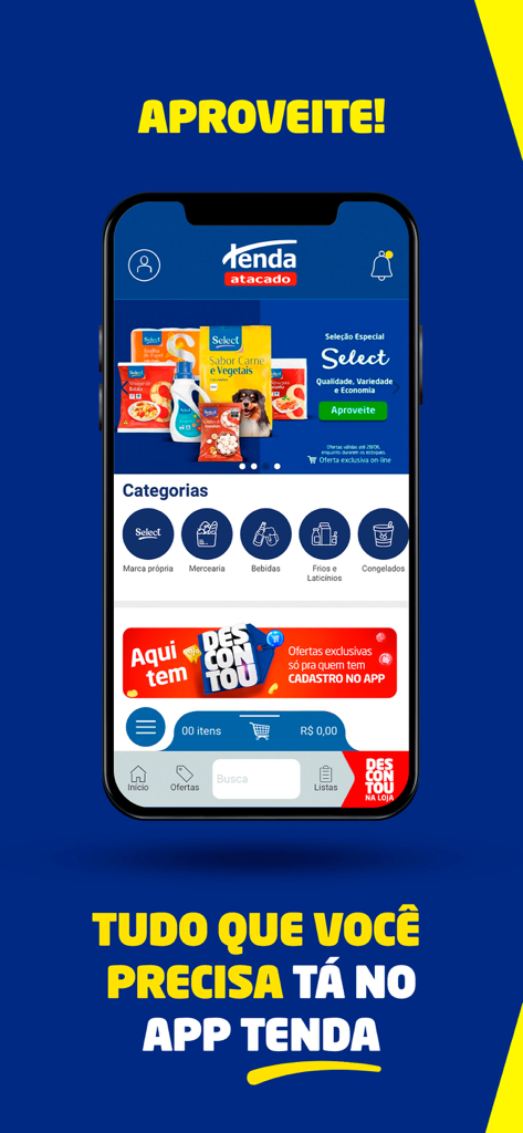 Tenda Atacado - Smartphone screen displaying the Tenda Atacado app with product categories like grocery and drinks