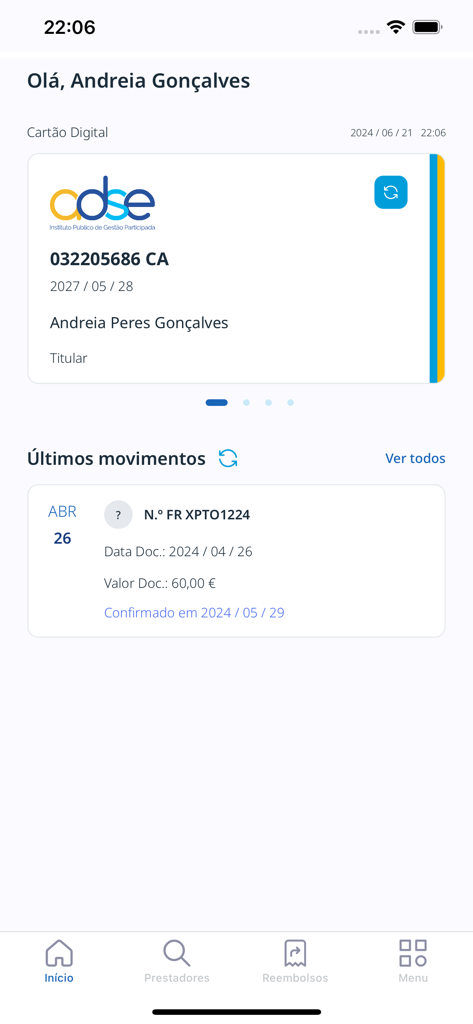 MyADSE app home screen displaying a digital health insurance card and recent account activity