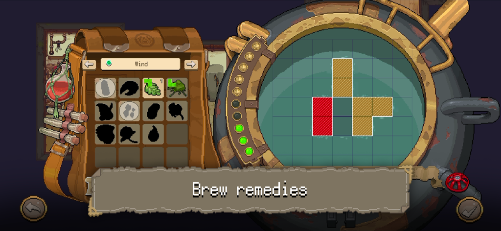 Potion Permit - A pixel art gameplay screen from Potion Permit showing the alchemy puzzle interface for brewing remedies.