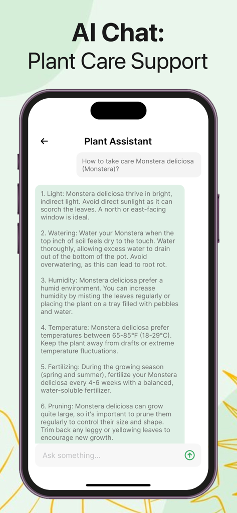 Ai Plant Identifier Tree Weed - Una interfaz de aplicación móvil que muestra un asistente de chat de IA proporcionando instrucciones detalladas de cuidado para una planta Monstera, incluyendo necesidades de luz y riego