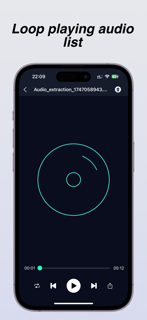 Audio Extractor-Audio Editing - A smartphone display showing the audio player interface of the app with a loop playback feature and standard playback controls