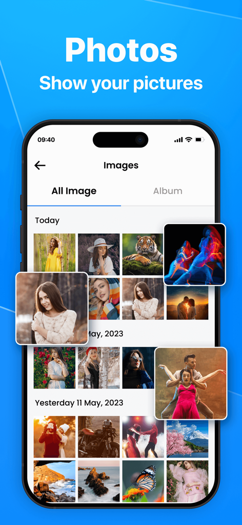 File Manager - File Organizer - Interfaccia dell'app File Manager che mostra foto e immagini organizzate per data in una vista a griglia.