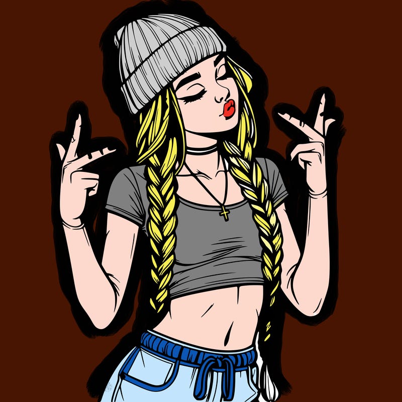 realistic teenage girl with braids and a beanie and crop top doing 🫶🏼