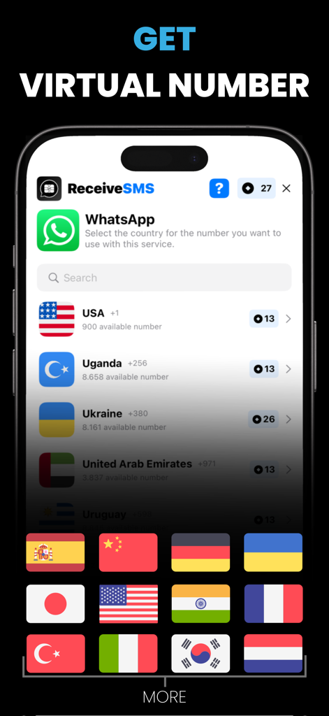 Virtual Numbers & Receive SMS - Oberfläche der App Virtuelle Nummern zeigt eine Liste von Ländern für die SMS-Verifizierung an