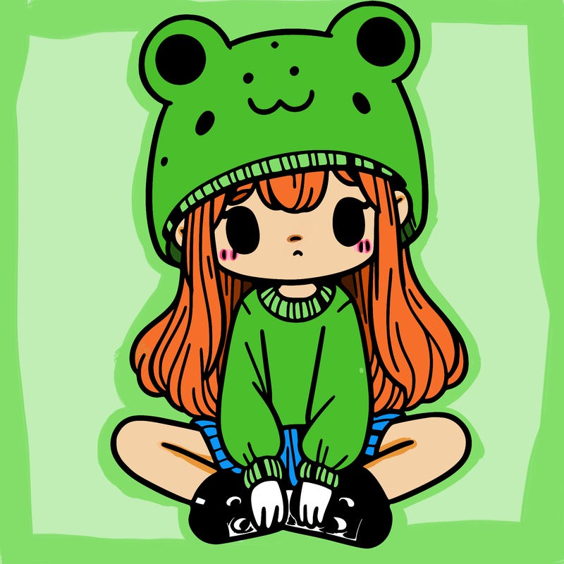 a girl wearing a frog hat and some frog socks