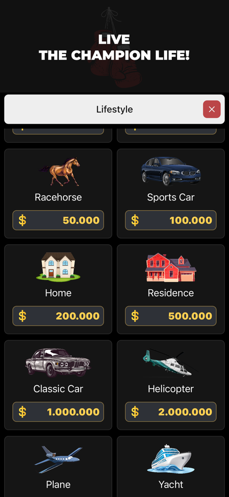Superstar: Real Boxing Manager - In-game lifestyle shop in Superstar Real Boxing Manager showing luxury items like sports cars and yachts for purchase