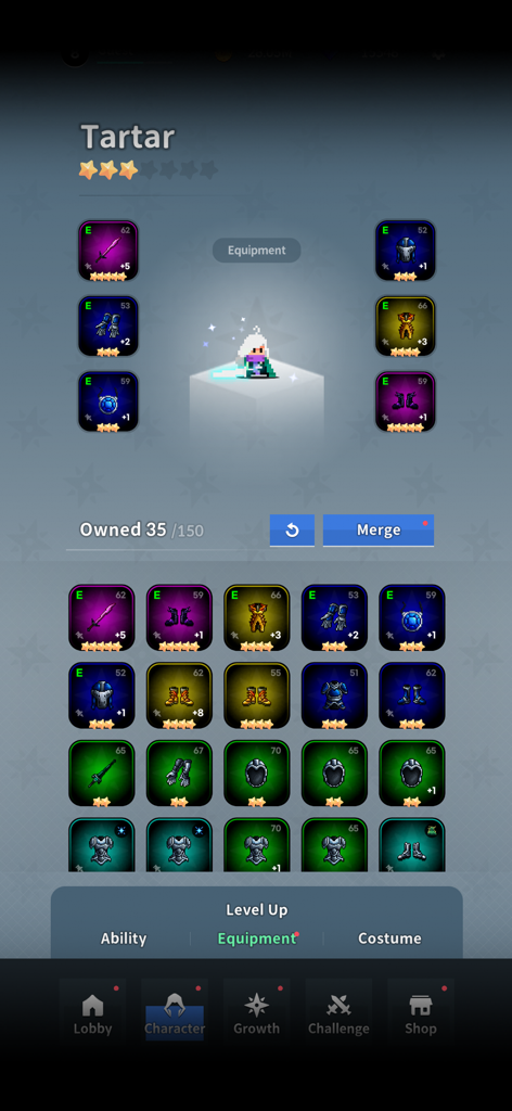 Tartar character equipment and inventory management screen