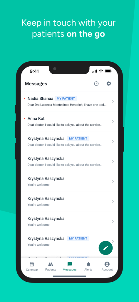 Mobile Benutzeroberfläche der Doctoralia-App für Spezialisten, die eine Liste von Patientennachrichten anzeigt
