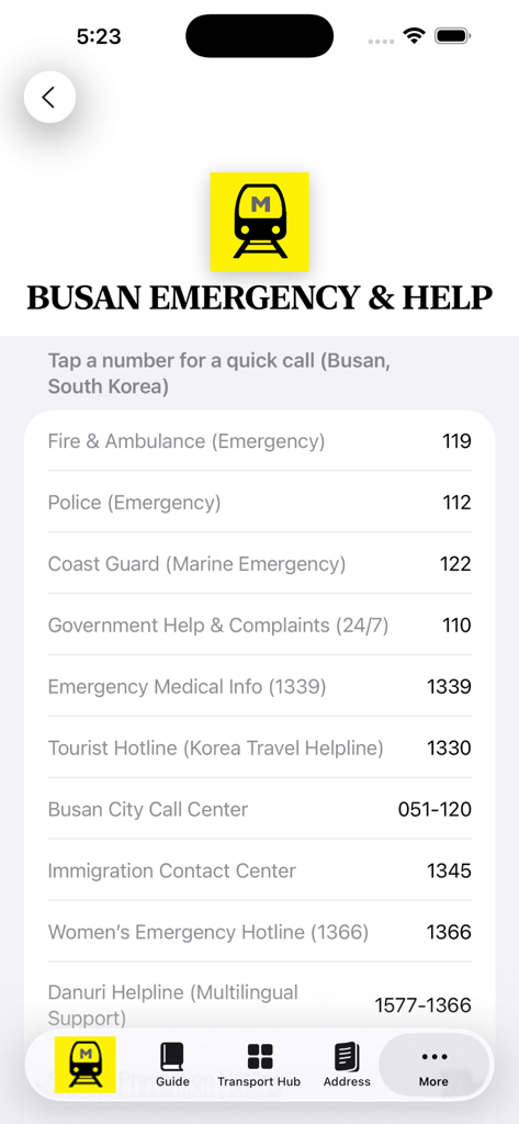 Busan Subway Map - List of emergency contact numbers in Busan including police, ambulance, and tourist hotline.