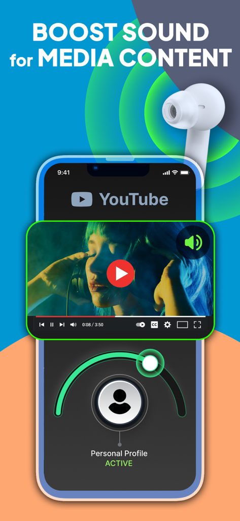 LISTENING DEVICE - HEARING AID - iPhone screen showing the hearing aid app boosting sound for a YouTube video with an active personal profile and volume dial