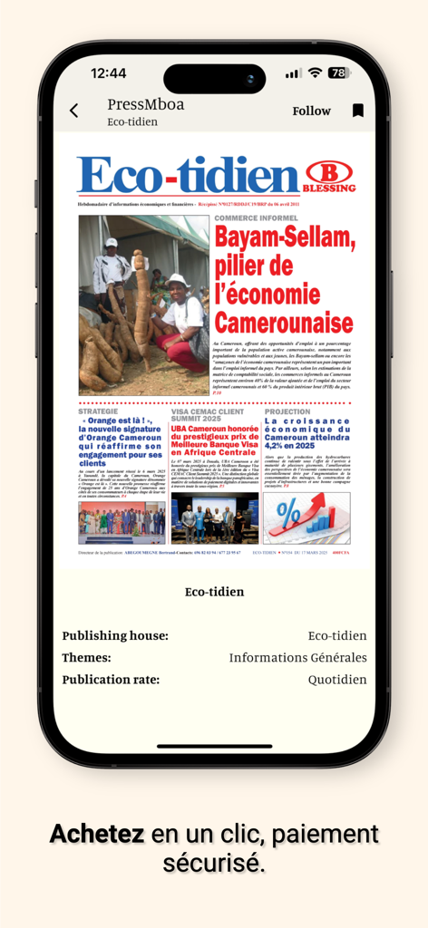 PressMboa mobile app showing the Eco-tidien newspaper front page and publication details.