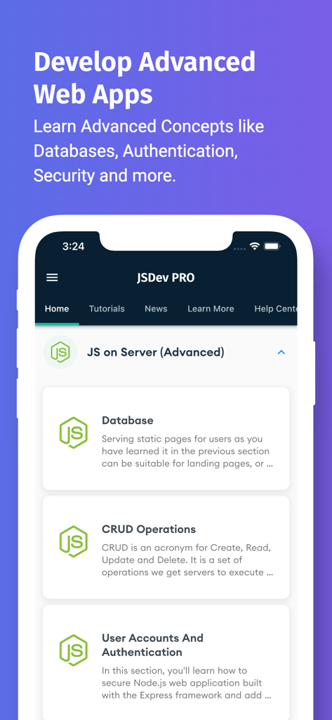 Interface of JavaScript learning app showing advanced web development topics like databases and authentication.