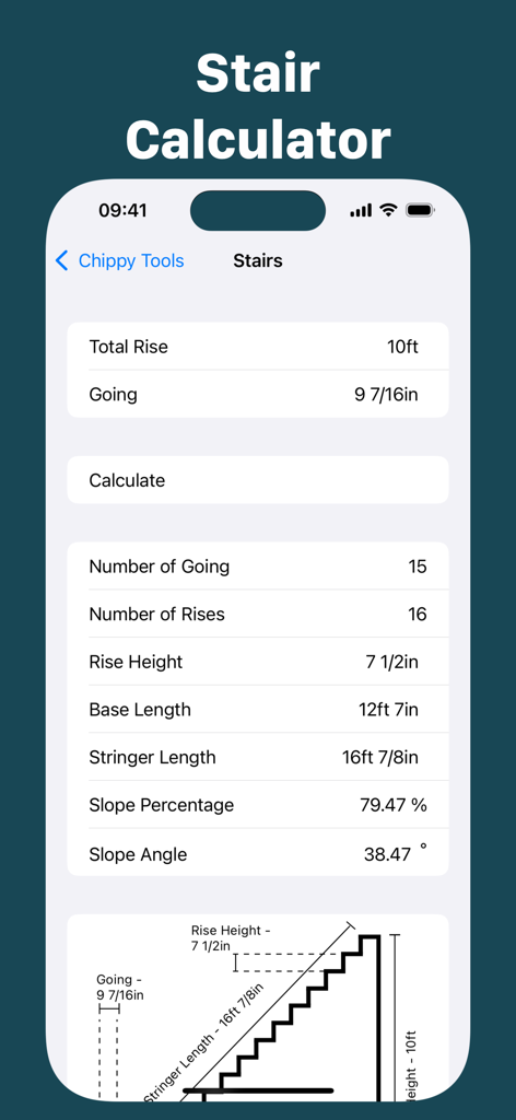 Chippy Tools: Construction - Chippy Tools construction app showing stair calculator results with rise and stringer length dimensions in feet and inches
