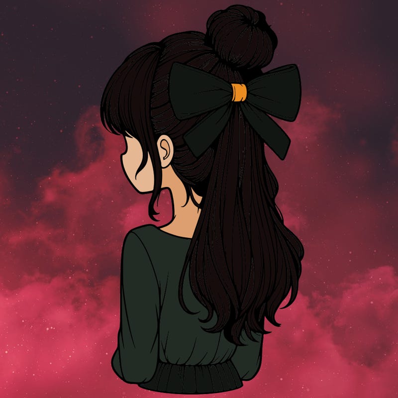 realistic girl  with hip length hair a bun and a big bow on the back of head