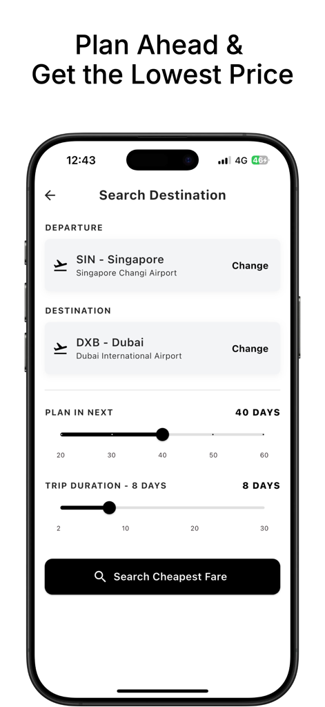 AirHunt flight search screen showing departure and destination fields with travel date sliders