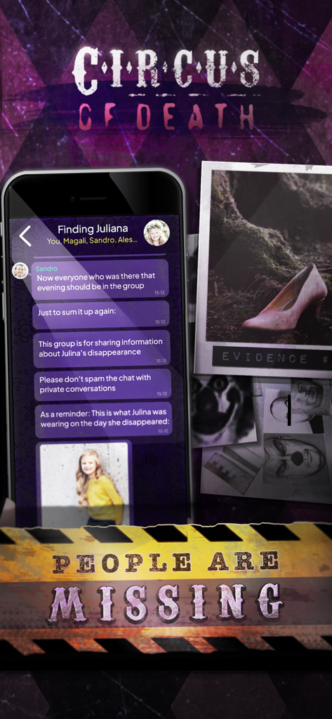 Circus of death - Captura de tela do aplicativo Circo da Morte mostrando uma interface de simulador de chat para investigação de pessoa desaparecida