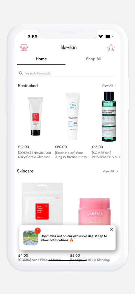 LIKESKIN - The home screen of the LIKESKIN app displaying curated K-beauty and J-beauty products like cleansers toners and lip masks