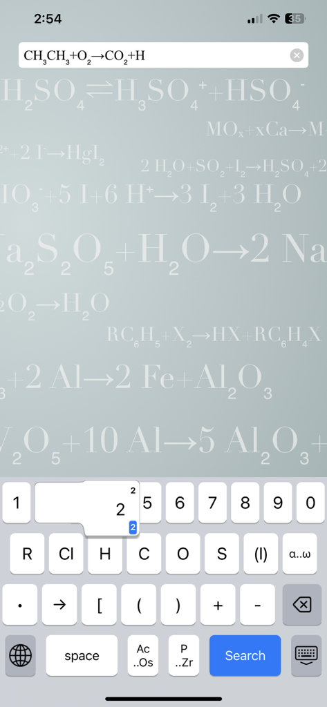 Chemistry Keyboard - Chemistry Keyboard interface displaying a chemical equation with subscript and superscript character selection.