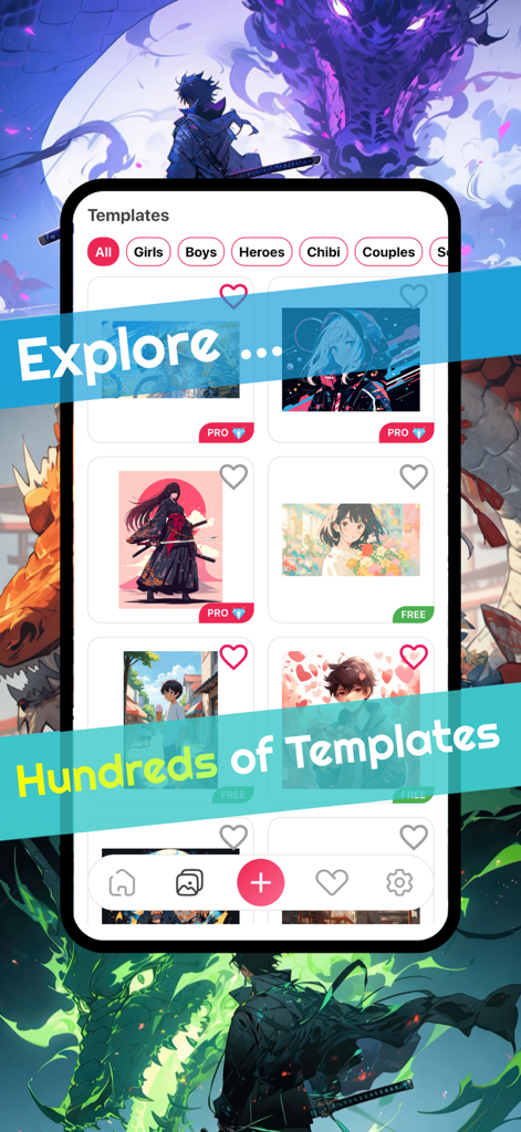 AR Drawing Anime: Sketch Trace - 소녀, 소년, 영웅과 같은 카테고리와 함께 그리드 레이아웃으로 표시된 다양한 애니메이션 캐릭터 템플릿을 보여주는 화면.