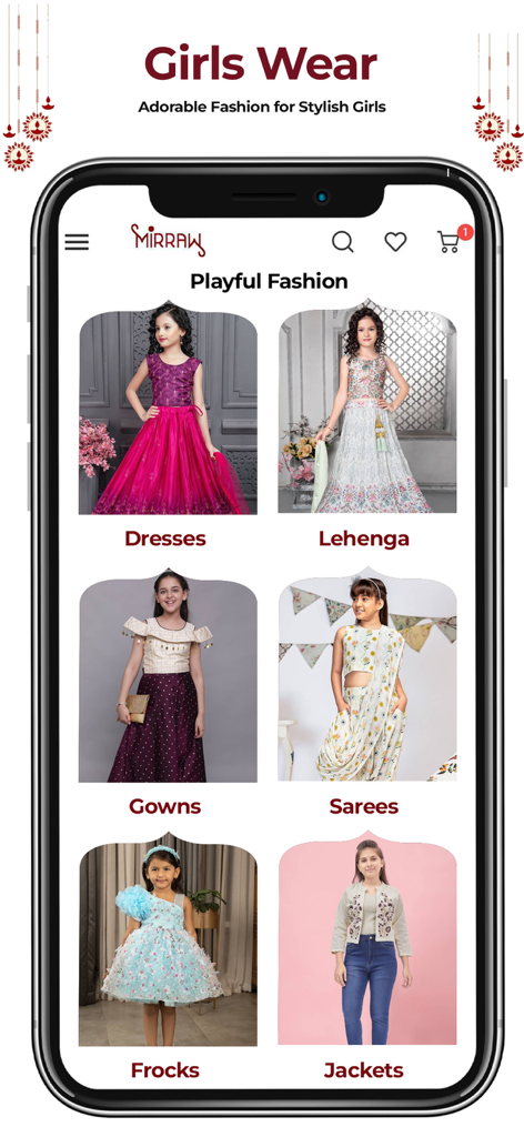 Mirraw mobile app screen showcasing girls Indian ethnic wear categories including lehengas, sarees, and gowns.