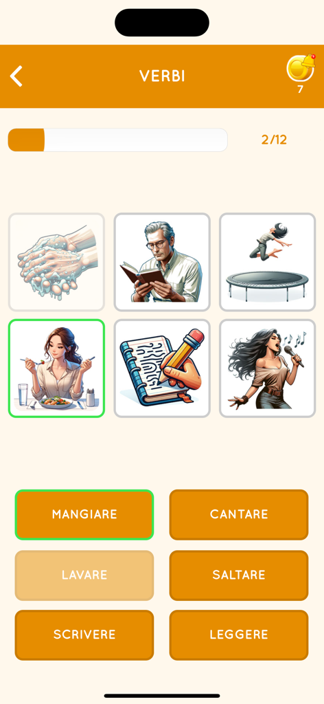 Learn Italian beginners - Mobile app interface for learning Italian verbs through an image matching game.