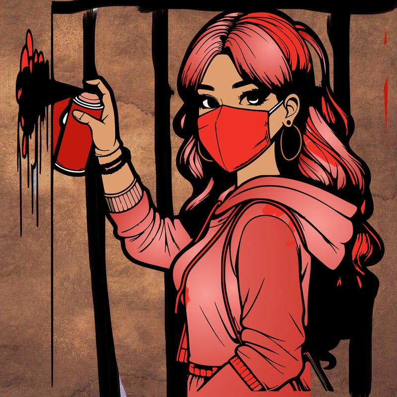 realistic girl with mask spray painting a wall