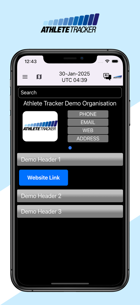 Athlete Tracker - Athlete Tracker mobile app interface showing an organization profile with contact buttons and website links