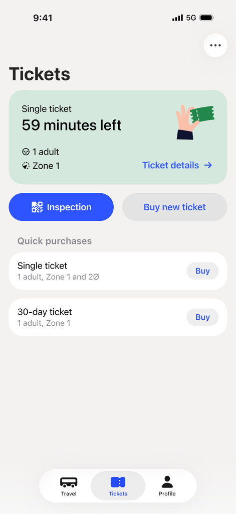 Interfaz de la app Ruter que muestra un billete sencillo activo para el transporte público en Oslo con tiempo restante y opciones de compra rápida