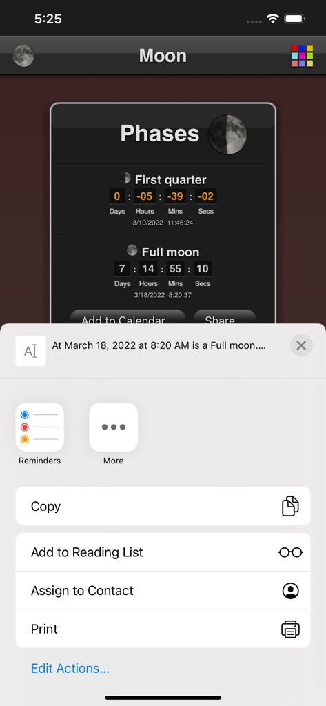 Moon Phases - 今後の満月に関する詳細を表示する共有メニューを示すムーンフェーズアプリのスクリーンショット