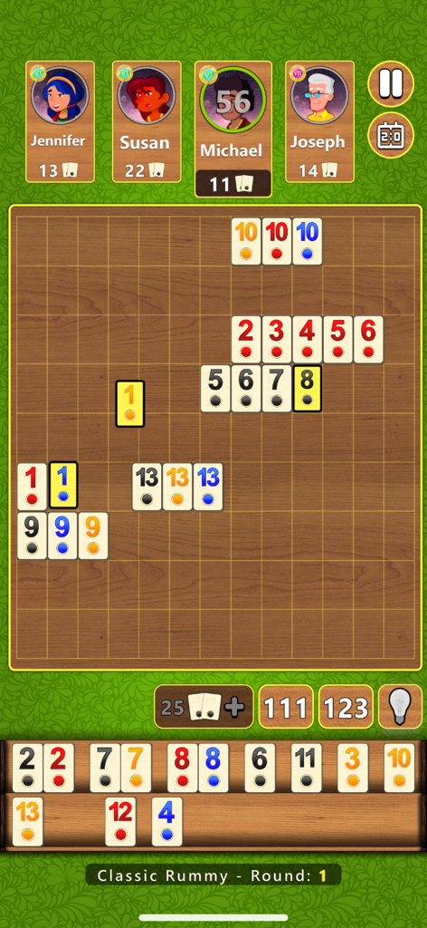 Gameplay of Classic Rummy board game with colorful numbered tiles and player avatars