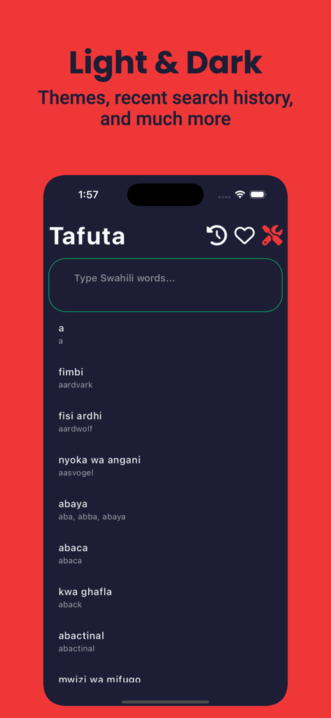 Swahili Dictionary - Dict Box - Swahili Dictionary app interface in dark mode showing Swahili to English translations