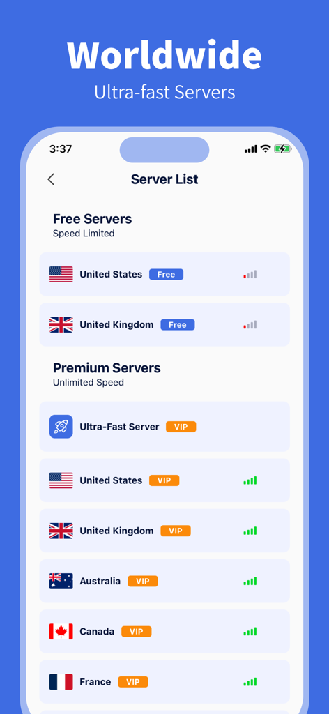 Top VPN - Fast & Secure VPN - Uma lista de locais de servidores VPN globais no aplicativo Top VPN categorizados por servidores gratuitos e premium.