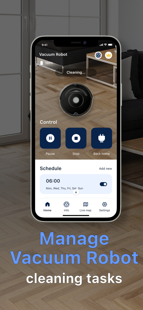 iPhone screen showing the Robot iVacuum app interface with remote controls and a cleaning schedule.