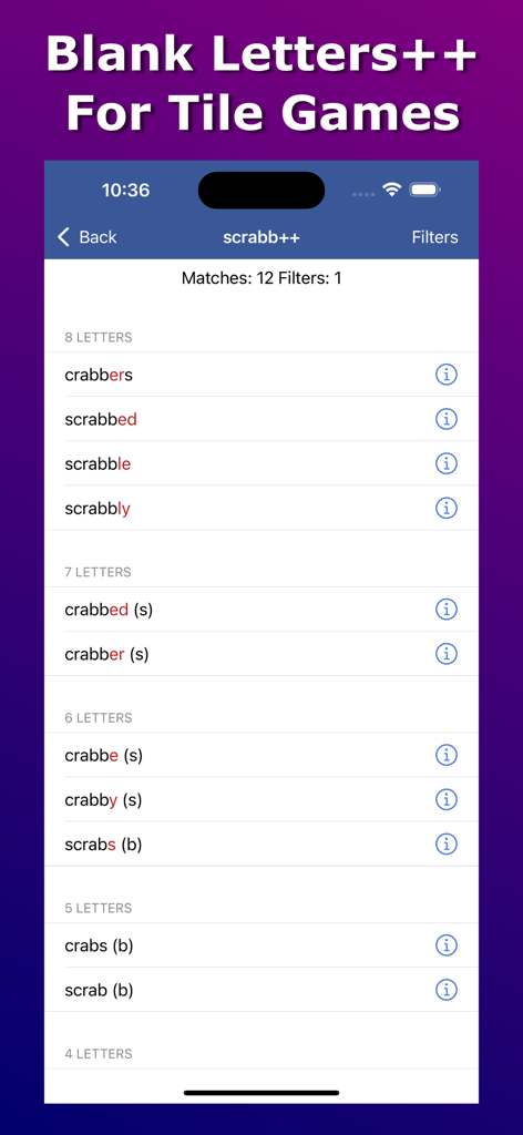 Anagram Solver - Crosswords - アナグラムソルバーアプリ。タイルゲーム用のブランク文字プレースホルダーを使用した単語の検索を表示しています。