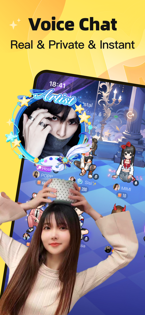A woman posing in front of a mobile screen showing the MIYA voice chat app interface with user profiles and artist frames