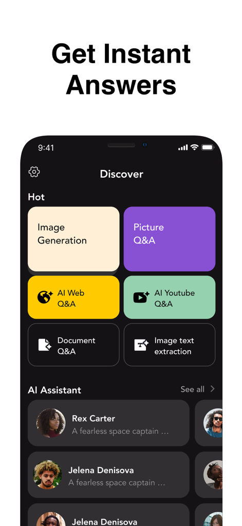 Discover screen of G.AI 4.1 showing features like Image Generation, Picture Q&A, and AI Assistants