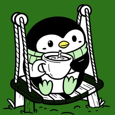 a penguin on a swing drinking hot chocolate