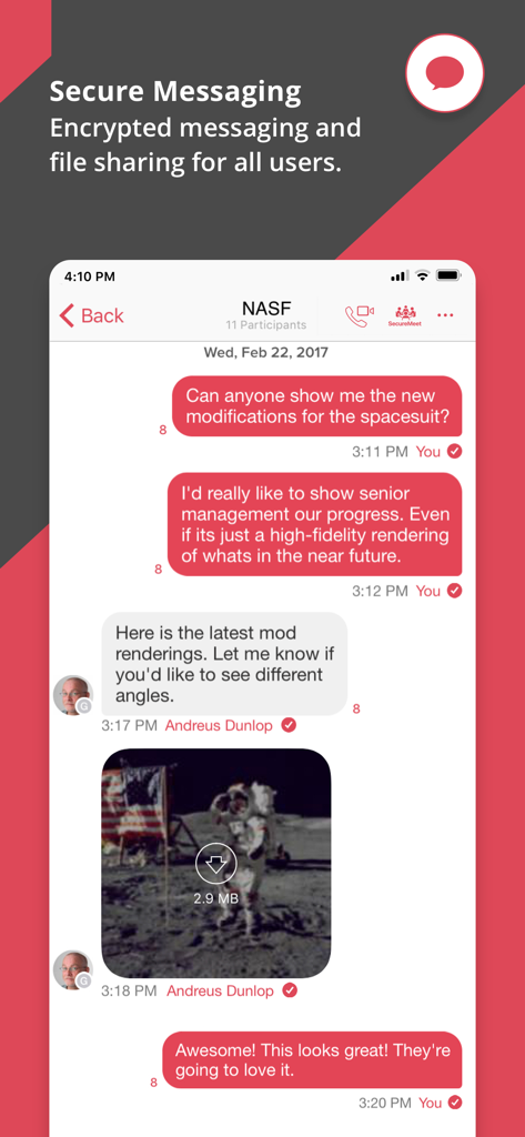 NetSfere Secure Messaging - NetSfere secure messaging chat interface showing an encrypted group conversation and file sharing