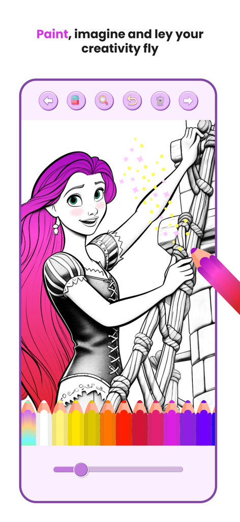 Rapunzel Coloring Book Games - Interface de livro de colorir digital com uma princesa de cabelo roxo e ferramentas de colorir