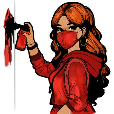 realistic girl with mask spray painting a wall