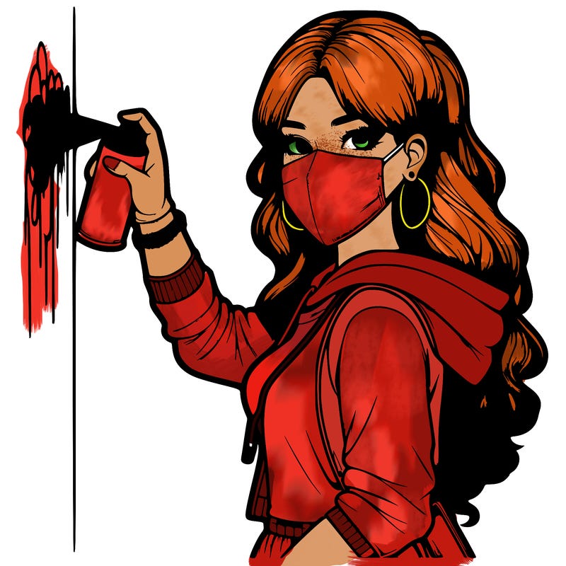 realistic girl with mask spray painting a wall