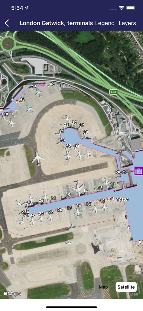 Satellite view of London Gatwick airport terminals and gates within the Airport Guide app.