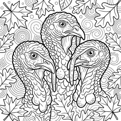 Discover our engaging Turkey Heads coloring page, specially designed for seniors with its bold outlines and clear details. Immerse yourself in the autumnal charm, perfect for a relaxing and stimulating coloring experience.