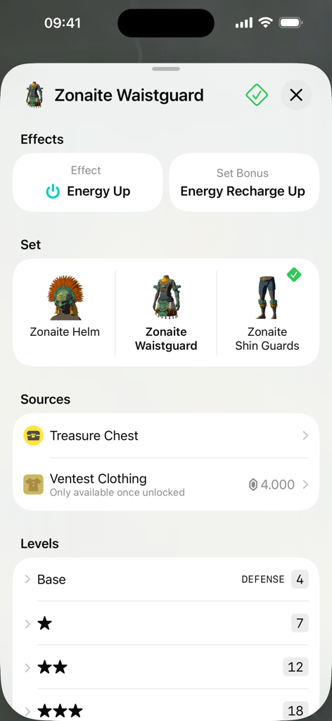 TotK Travel Guide - A screen showing the stats and source of the Zonaite Waistguard armor in the TotK Travel Guide app.