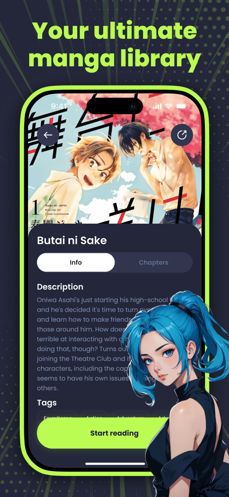 Screenshot of the Manga Reader app showing the info page for a manga series with a description and start reading button