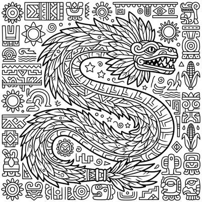 Embark on a creative journey into ancient mythology with this stunning coloring page of Quetzalcoatl, the revered Aztec feathered serpent god. Immerse yourself in intricate details and symbolic glyphs, perfect for artists of all ages seeking a unique cultural experience.
