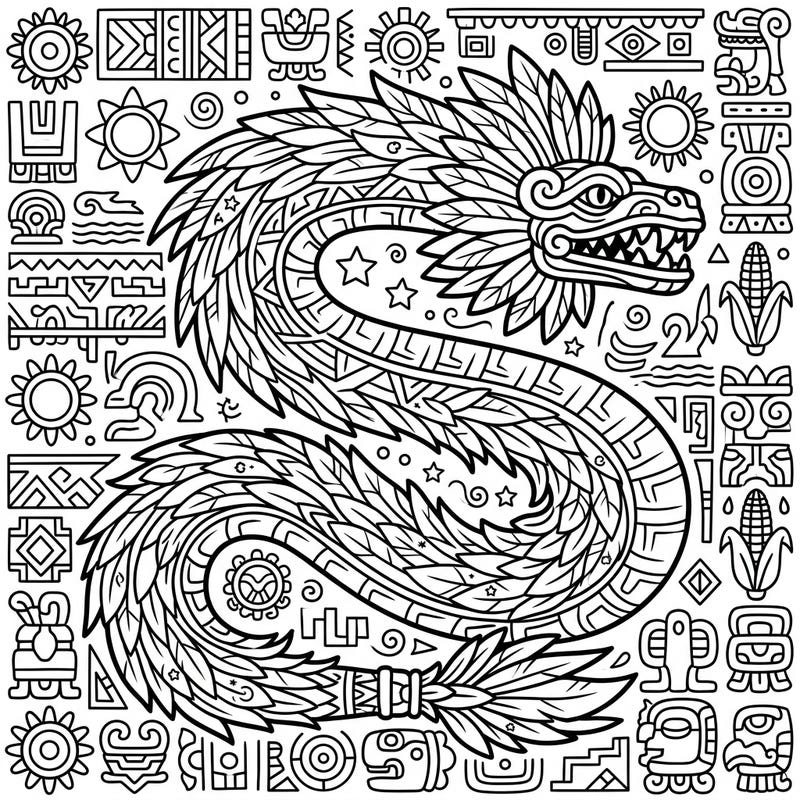 Embark on a creative journey into ancient mythology with this stunning coloring page of Quetzalcoatl, the revered Aztec feathered serpent god. Immerse yourself in intricate details and symbolic glyphs, perfect for artists of all ages seeking a unique cultural experience.